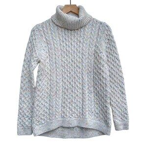 Lands' End Honeycomb Confetti Cable Knit Sweater Beige Turtleneck Women's L
